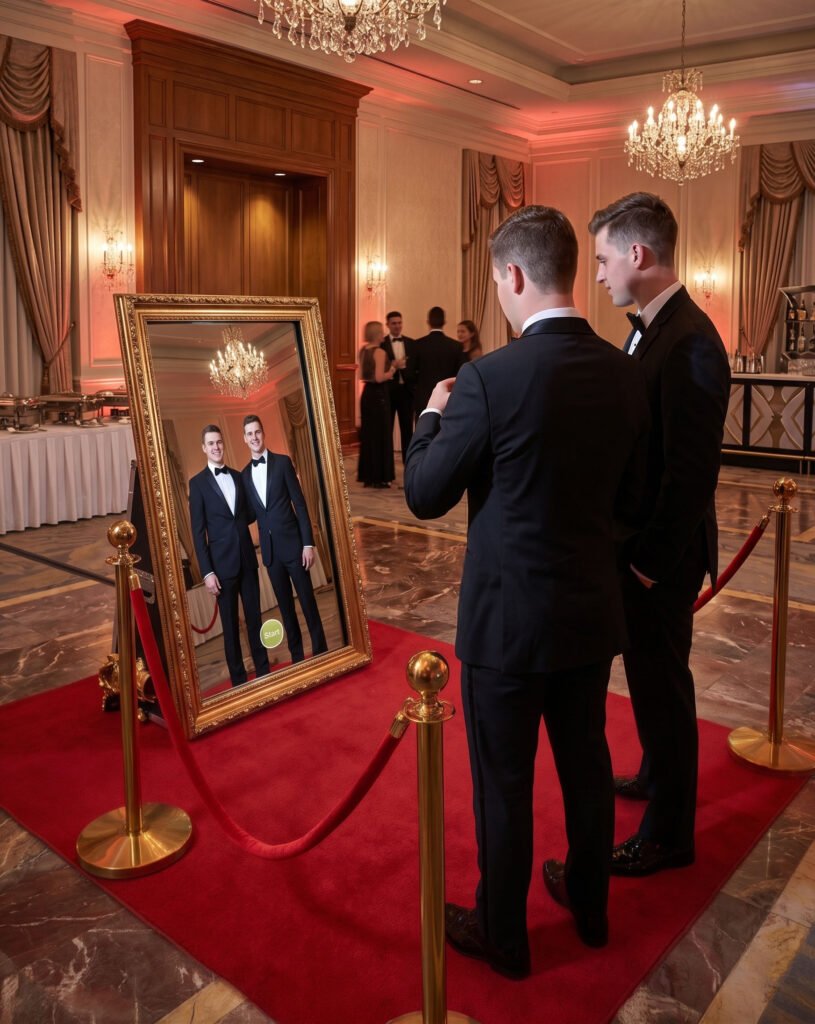Amigos tomandose una foto en una cabina fotográfica de tipo espejo