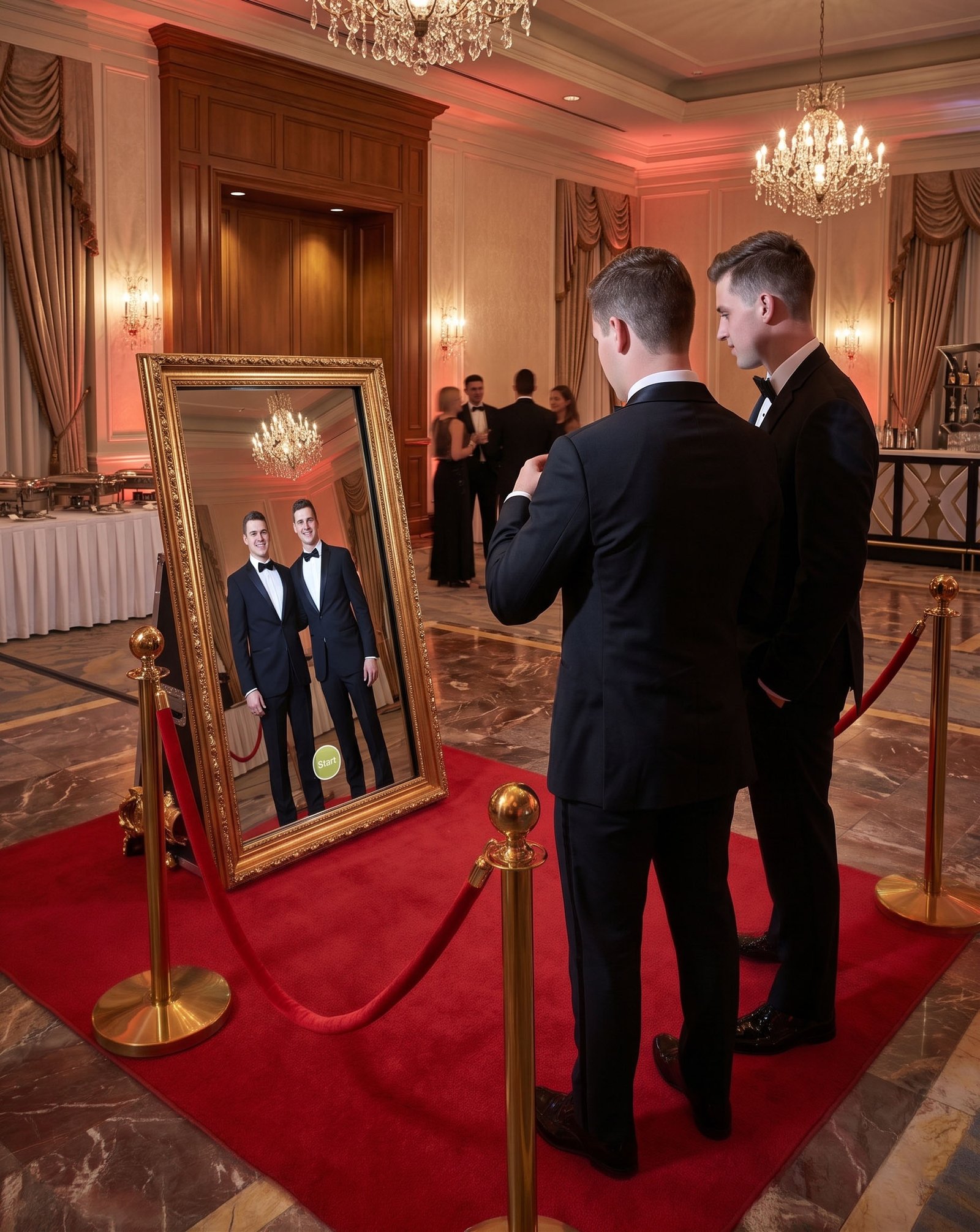 Amigos tomandose una foto en una cabina fotográfica de tipo espejo