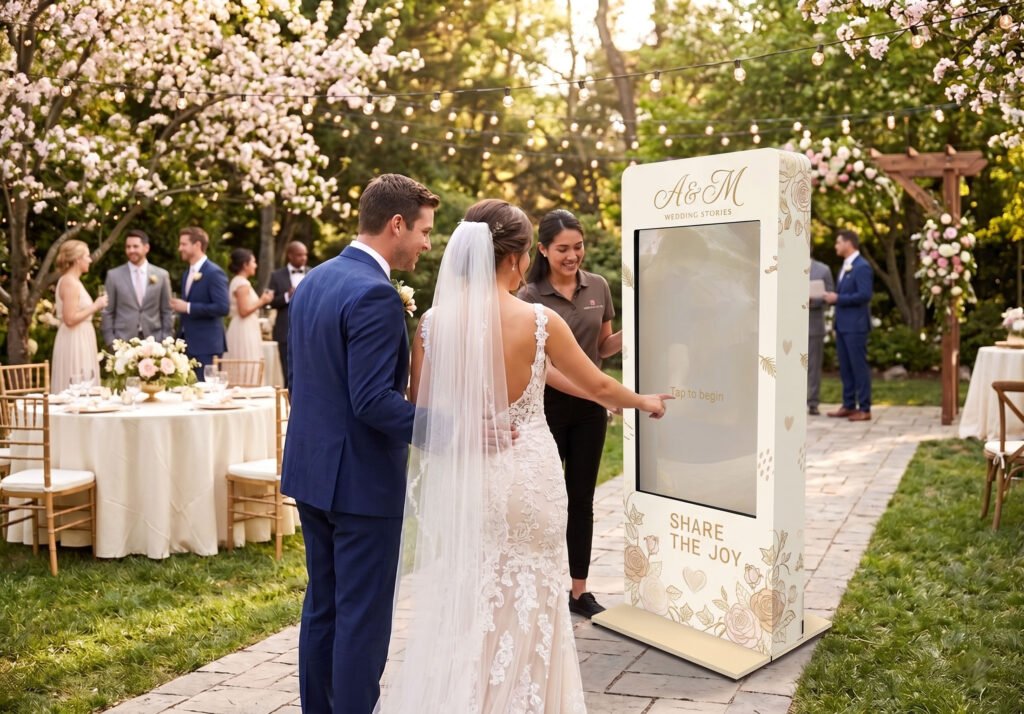 Pareja de recien casados tomandose una foto en una cabina fotogáfica personalizada