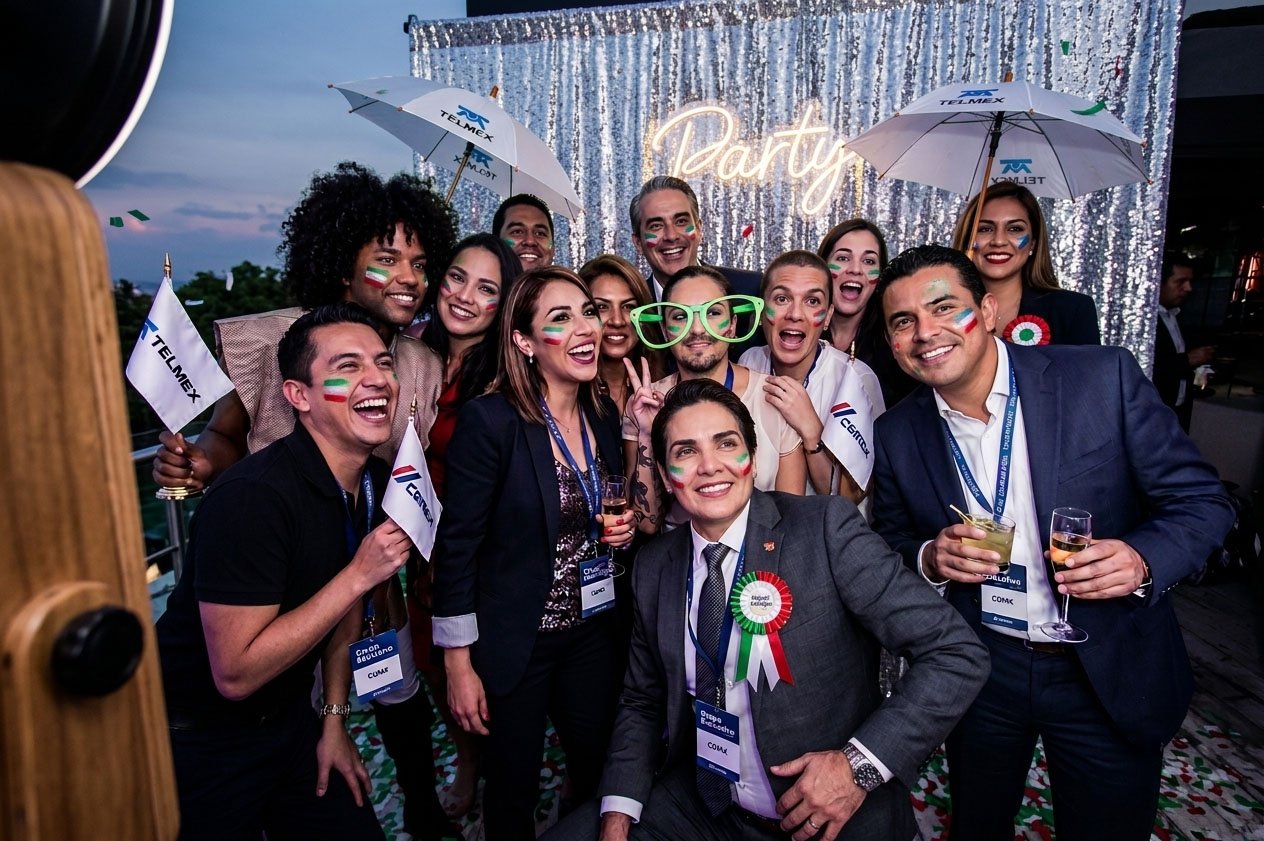 Empresarios ejecutivos en su fiesta de fin de año posando para una foto instantanea
